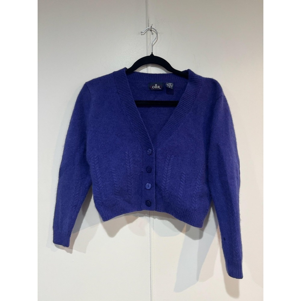 Vintage OBR Cardigan Sweater Womens Small Purple Angora Wool Fuzzy Cropped 80s